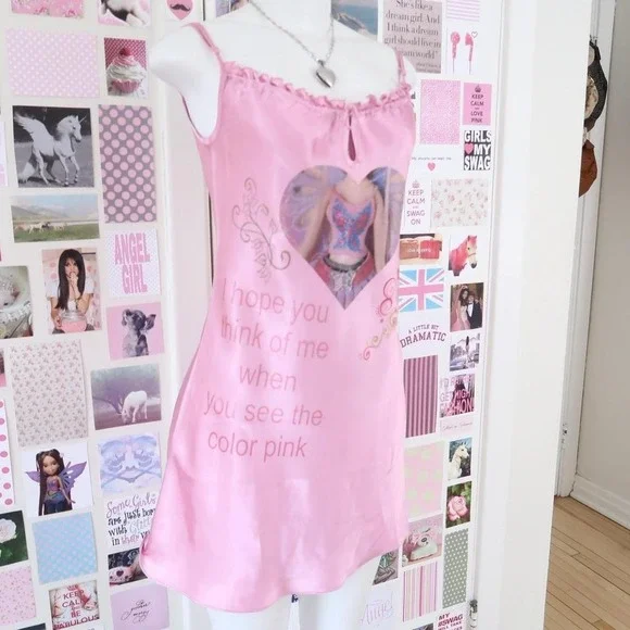 y2k la senza pink satin graphic slip dress size M - Picture 3 of 7